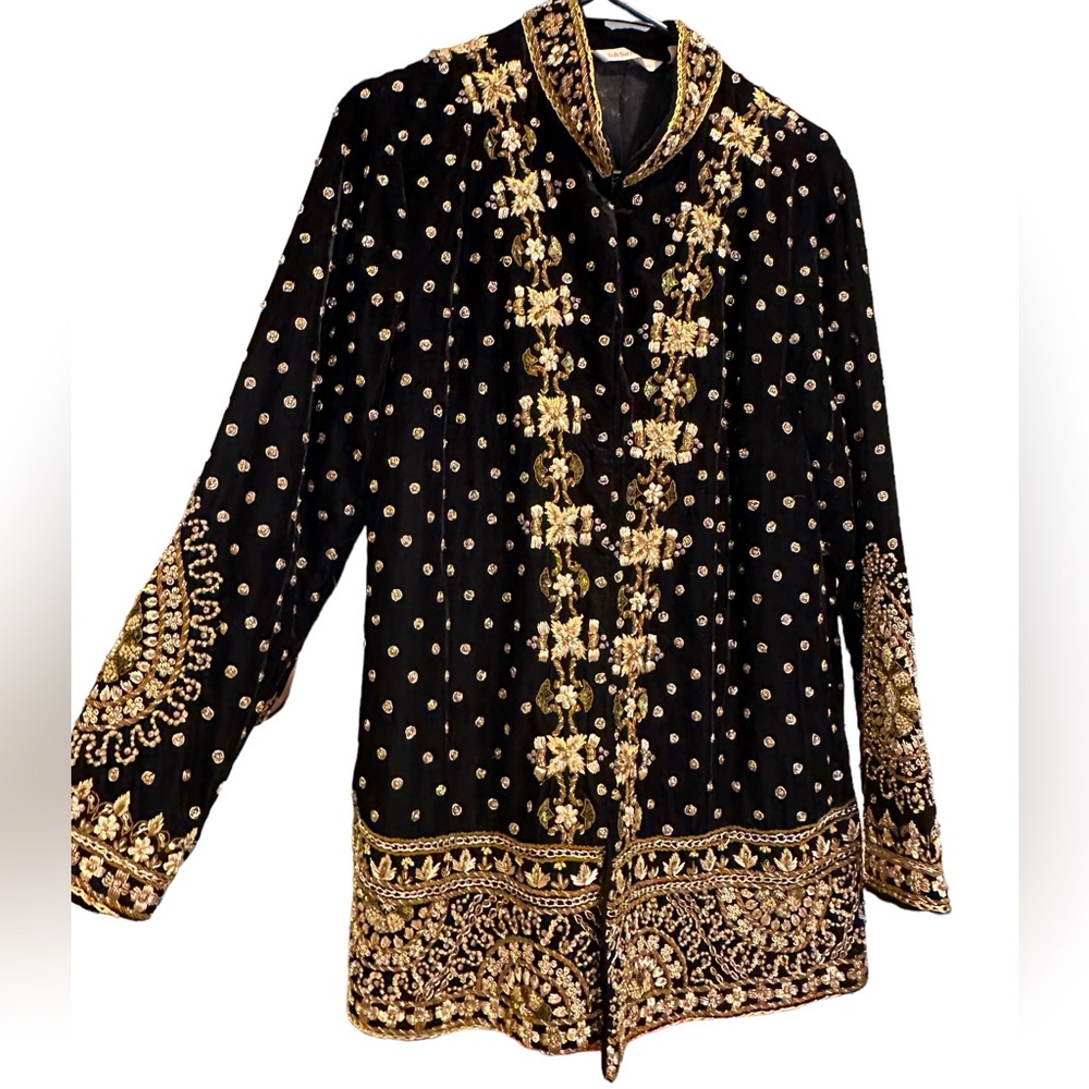 Black Velvet, ornamental style dinner jacket with gold detailing.